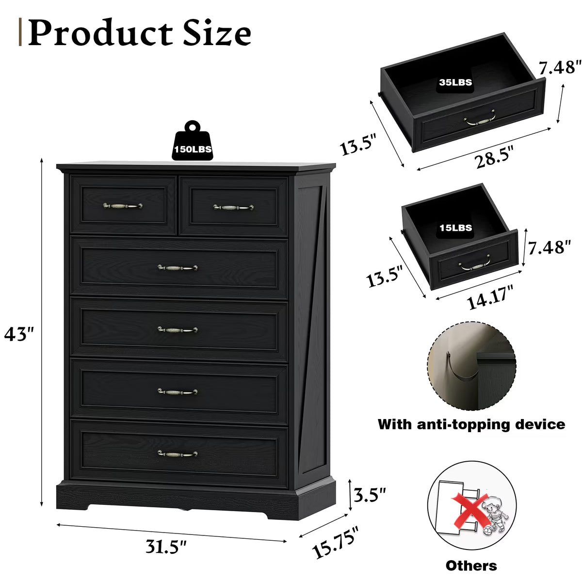 Anymaple Farmhouse Collection Black 6-Drawer Tall Dresser for Bedroom product size dimensions, 32"W x 16"D x 43"H