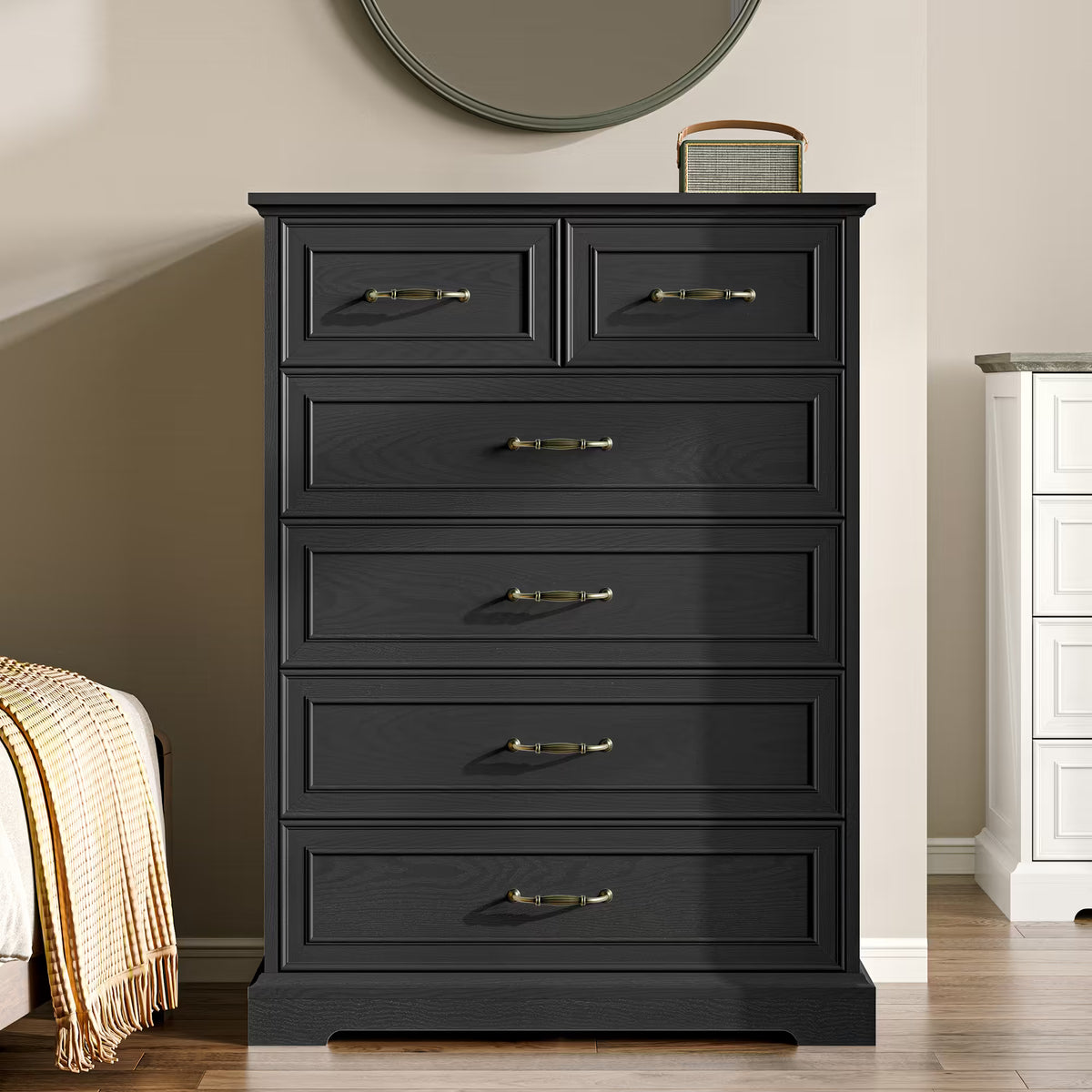 Anymaple Farmhouse Collection Black 6-Drawer Tall Dresser for Bedroom with deep storage drawers, metal handles and farmhouse bedroom style, styled bedroom room view