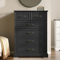 Anymaple Farmhouse Collection Black 6-Drawer Tall Dresser for Bedroom with deep storage drawers, metal handles and farmhouse bedroom style, styled bedroom room view