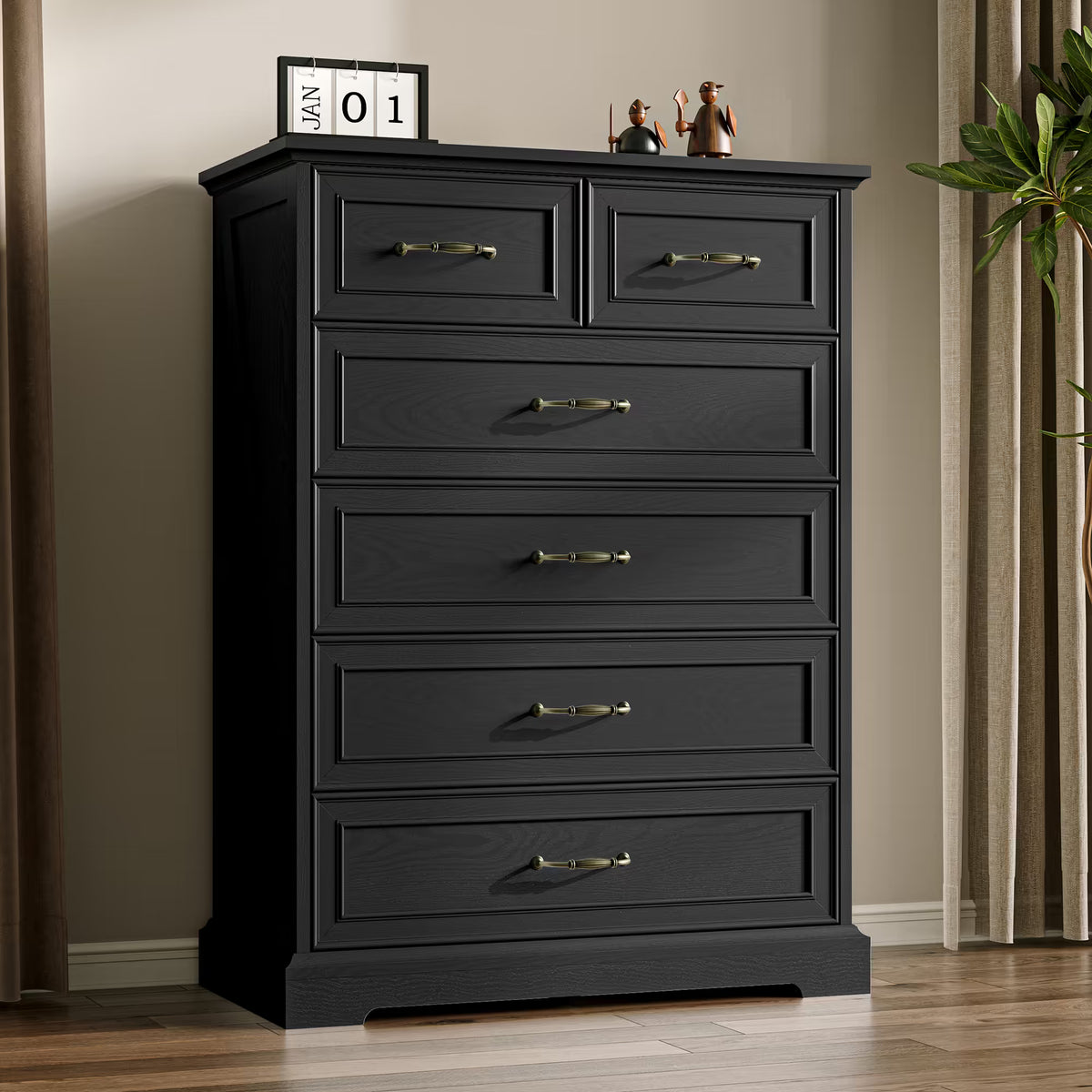 Anymaple Farmhouse Collection Black 6-Drawer Tall Dresser for Bedroom with deep storage drawers, metal handles and farmhouse bedroom style, TV stand room view