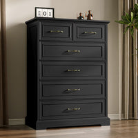 Anymaple Farmhouse Collection Black 6-Drawer Tall Dresser for Bedroom with deep storage drawers, metal handles and farmhouse bedroom style, TV stand room view