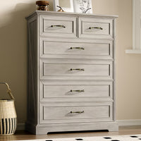 Anymaple Farmhouse Collection Gray Oak 6-Drawer Tall Dresser for Bedroom with deep storage drawers, metal handles and farmhouse bedroom style, front bedroom dresser view