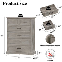 Anymaple Farmhouse Collection Gray Oak 6-Drawer Tall Dresser for Bedroom product size dimensions, 32"W x 16"D x 43"H