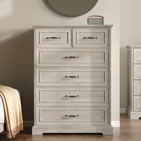 Anymaple Farmhouse Collection Gray Oak 6-Drawer Tall Dresser for Bedroom with deep storage drawers, metal handles and farmhouse bedroom style, styled bedroom room view