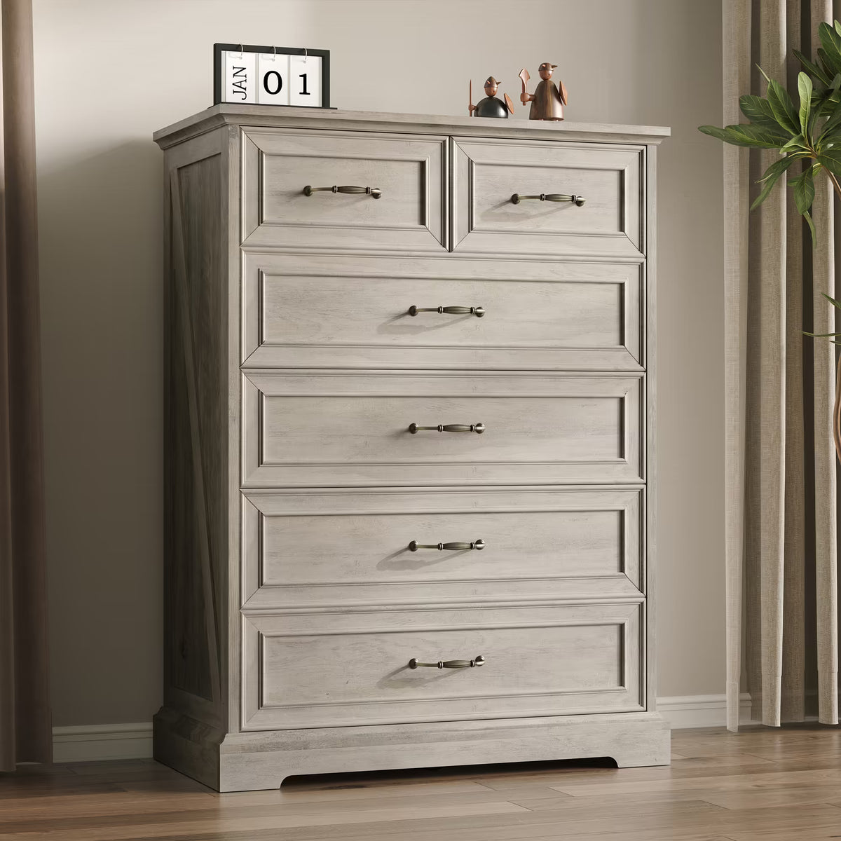 Anymaple Farmhouse Collection Gray Oak 6-Drawer Tall Dresser for Bedroom with deep storage drawers, metal handles and farmhouse bedroom style, TV stand room view