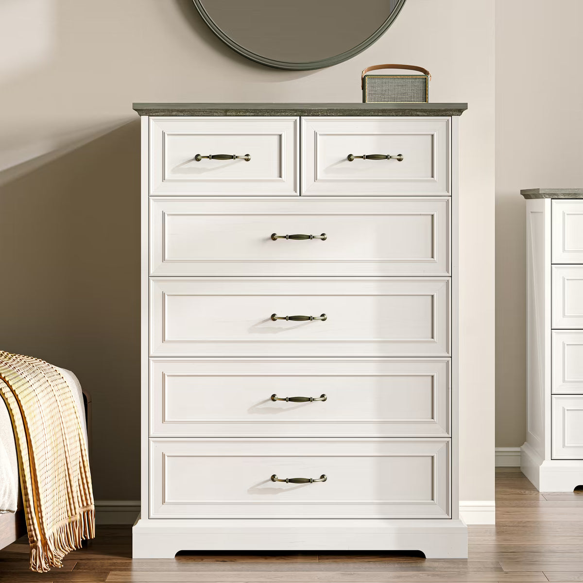 Anymaple Farmhouse Collection White 6-Drawer Tall Dresser for Bedroom with deep storage drawers, metal handles and farmhouse bedroom style, styled bedroom room view