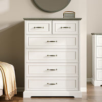 Anymaple Farmhouse Collection White 6-Drawer Tall Dresser for Bedroom with deep storage drawers, metal handles and farmhouse bedroom style, styled bedroom room view