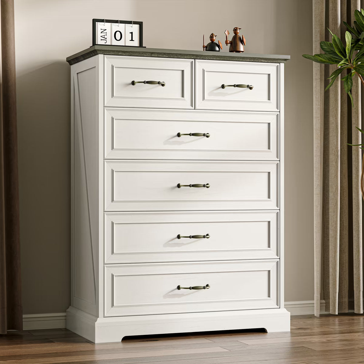 Anymaple Farmhouse Collection White 6-Drawer Tall Dresser for Bedroom with deep storage drawers, metal handles and farmhouse bedroom style, TV stand room view