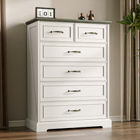 Anymaple Farmhouse Collection White 6-Drawer Tall Dresser for Bedroom with deep storage drawers, metal handles and farmhouse bedroom style, TV stand room view