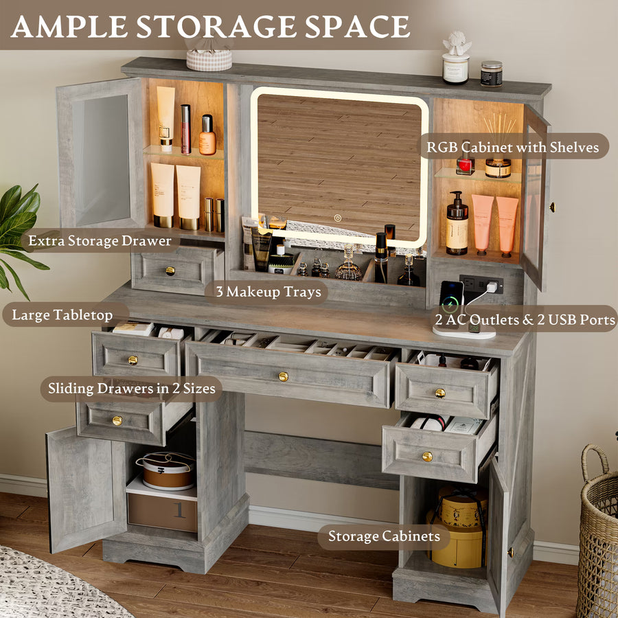 Anymaple HLG060 Gray Oak farmhouse vanity desk open drawers and cabinet storage for cosmetics and accessories