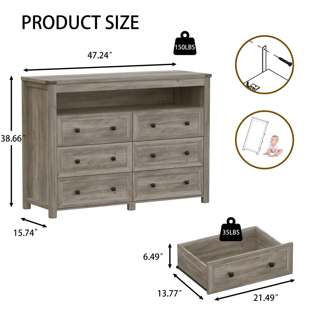 Liora  6-Drawer High Dresser with LED Light