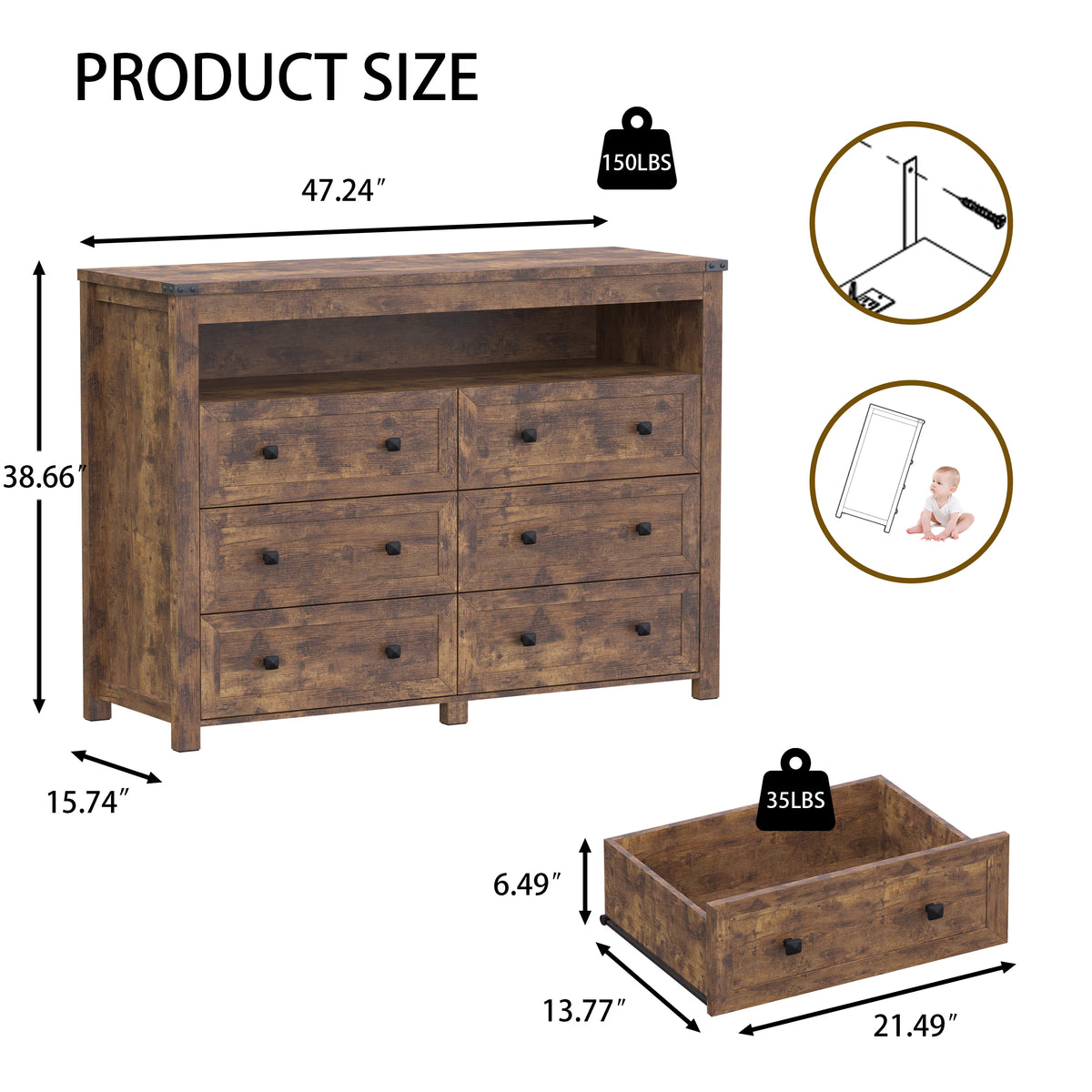 Liora  6-Drawer High Dresser with LED Light