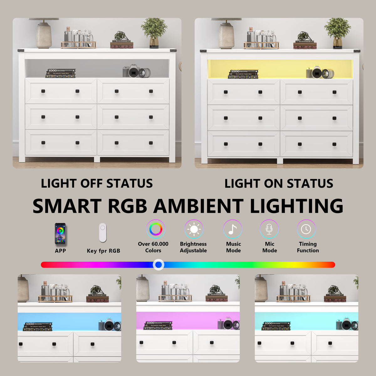 Liora  6-Drawer High Dresser with LED Light