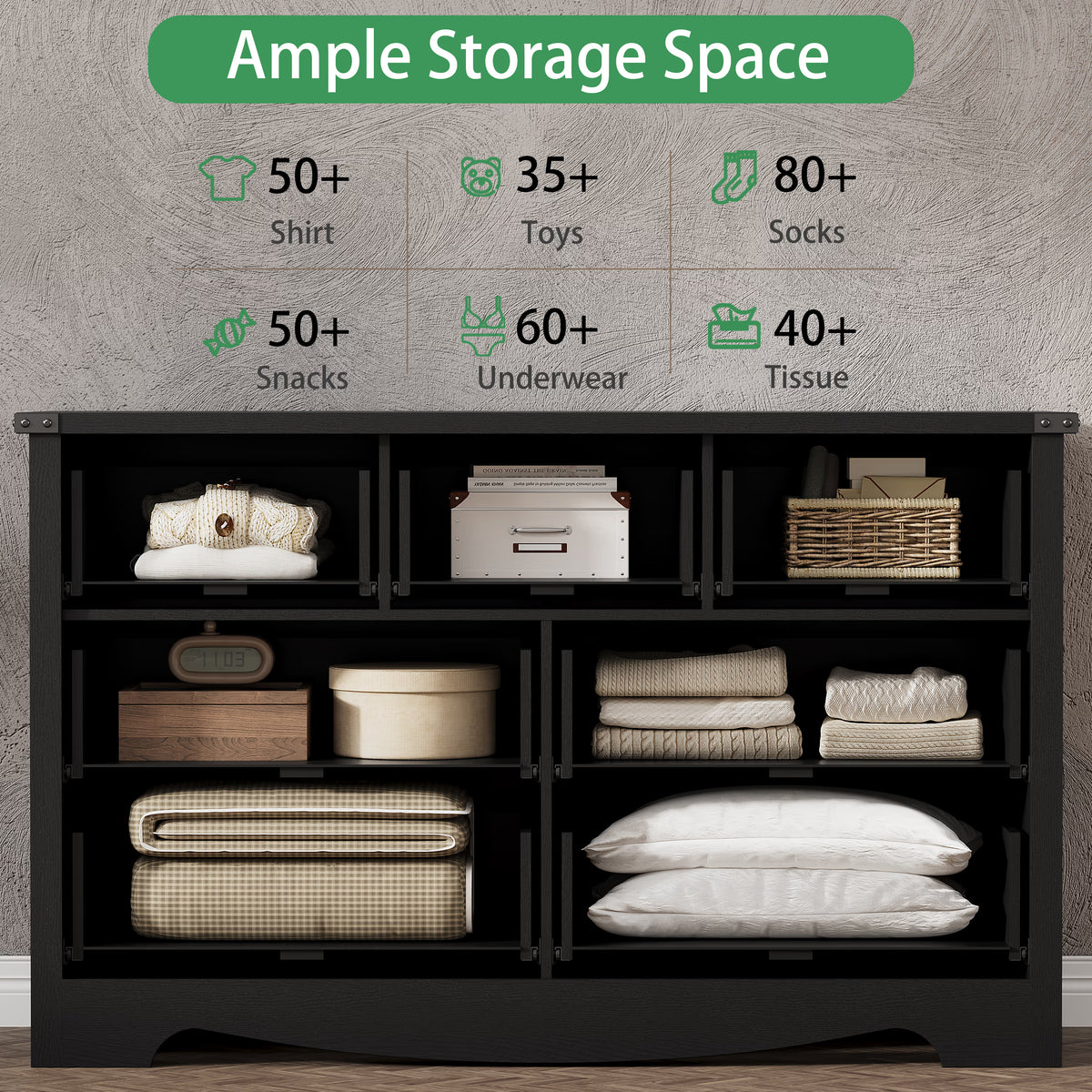 Anymaple Marlow Collection Black 7-drawer wide dresser with deep storage drawers and black metal handles, ample storage space
