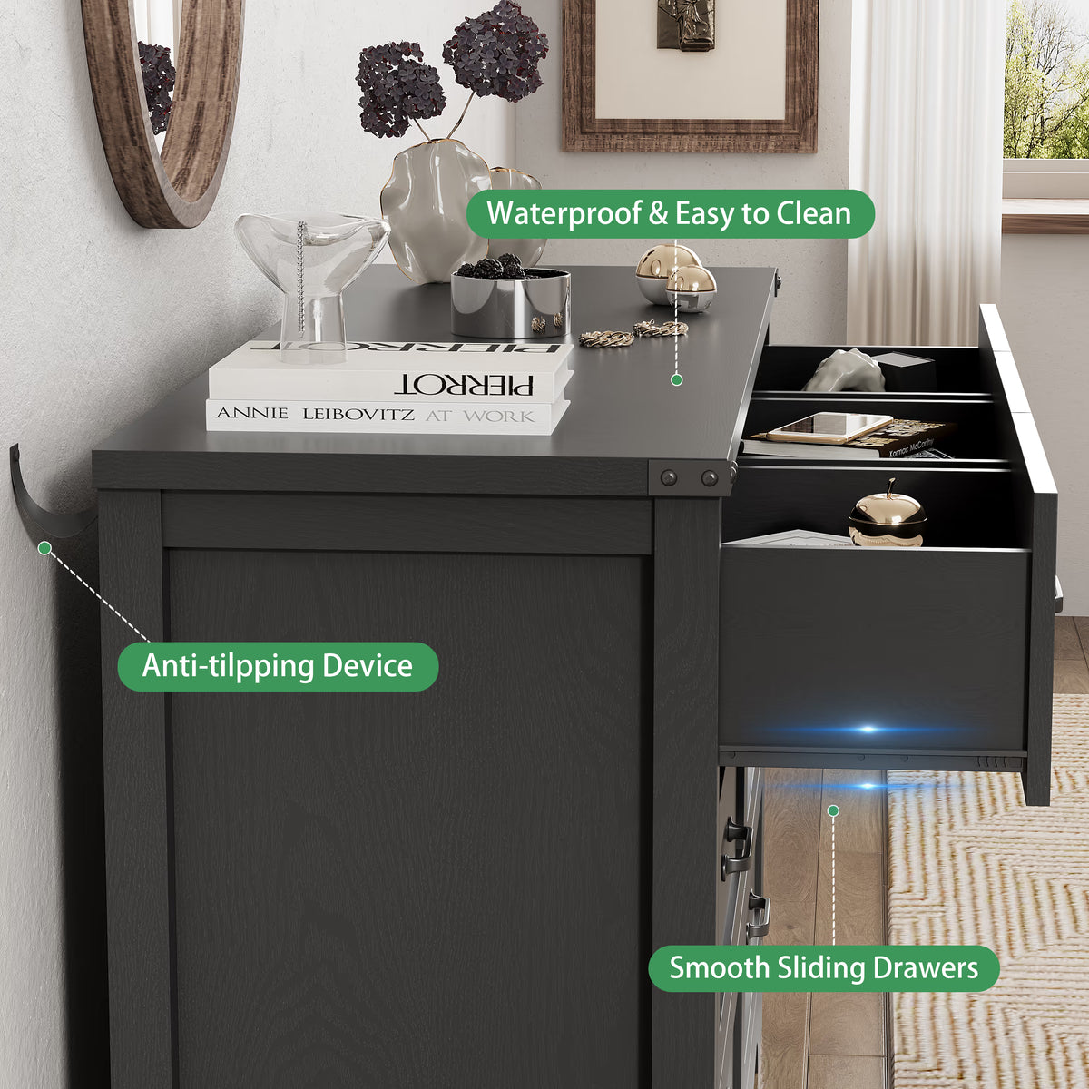 Anymaple Marlow Collection Black 7-drawer wide dresser with deep storage drawers and black metal handles, anti-tipping and easy-clean detail