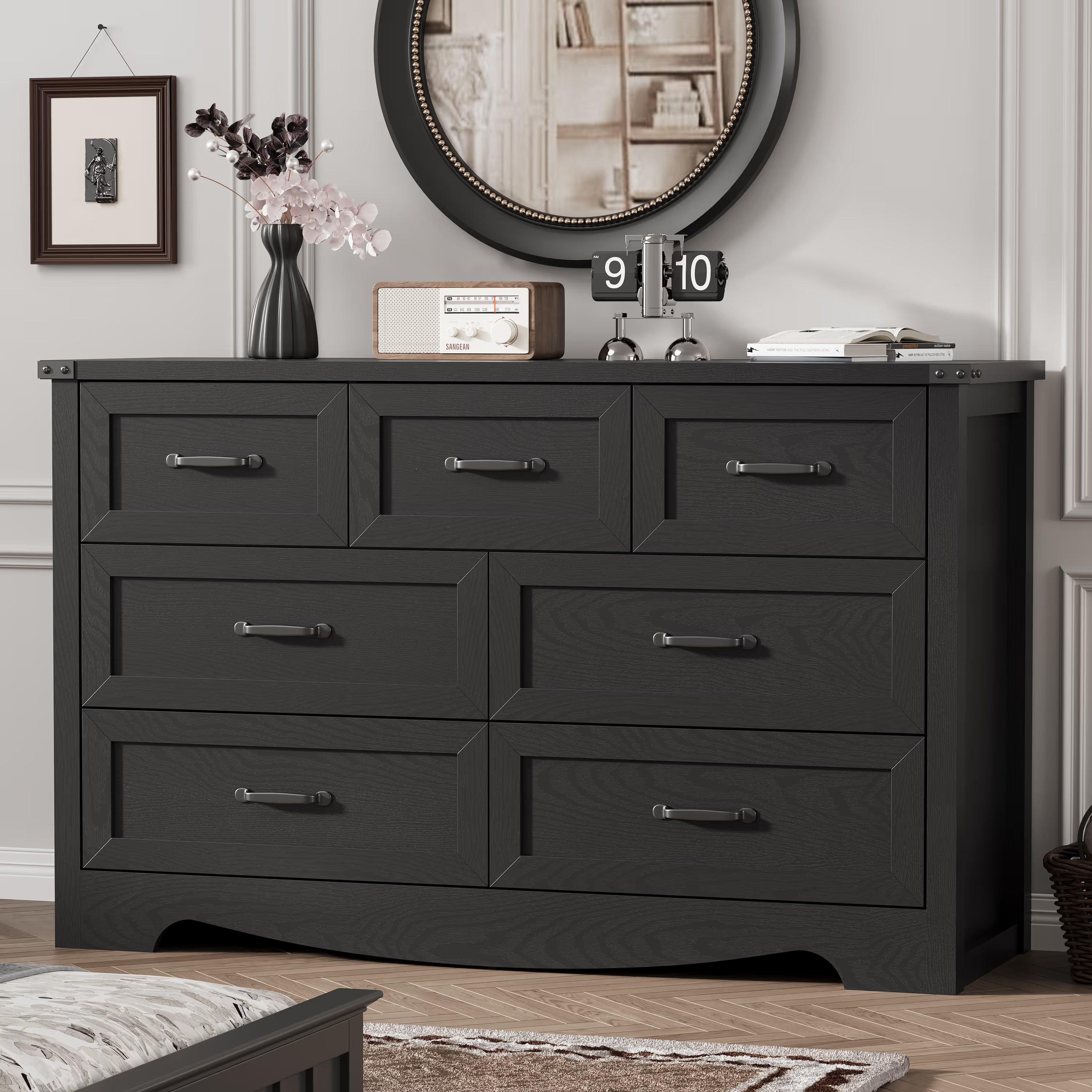 Anymaple Marlow Collection Black 7-drawer wide dresser with deep storage drawers and black metal handles, bedroom main view
