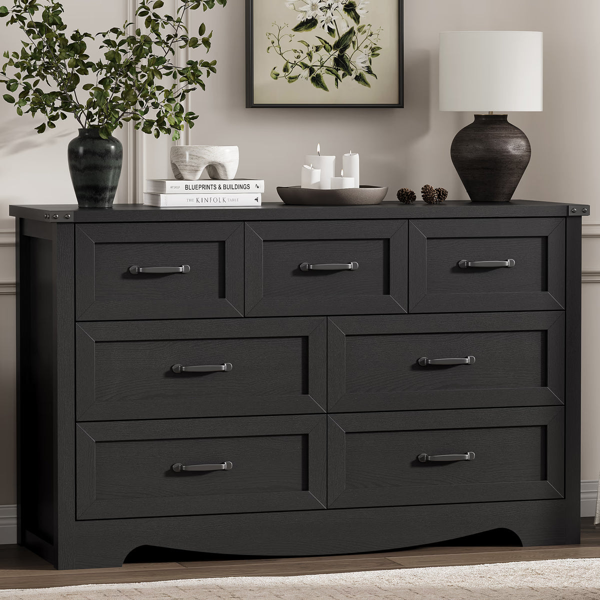 Anymaple Marlow Collection Black 7-drawer wide dresser with deep storage drawers and black metal handles, front storage view