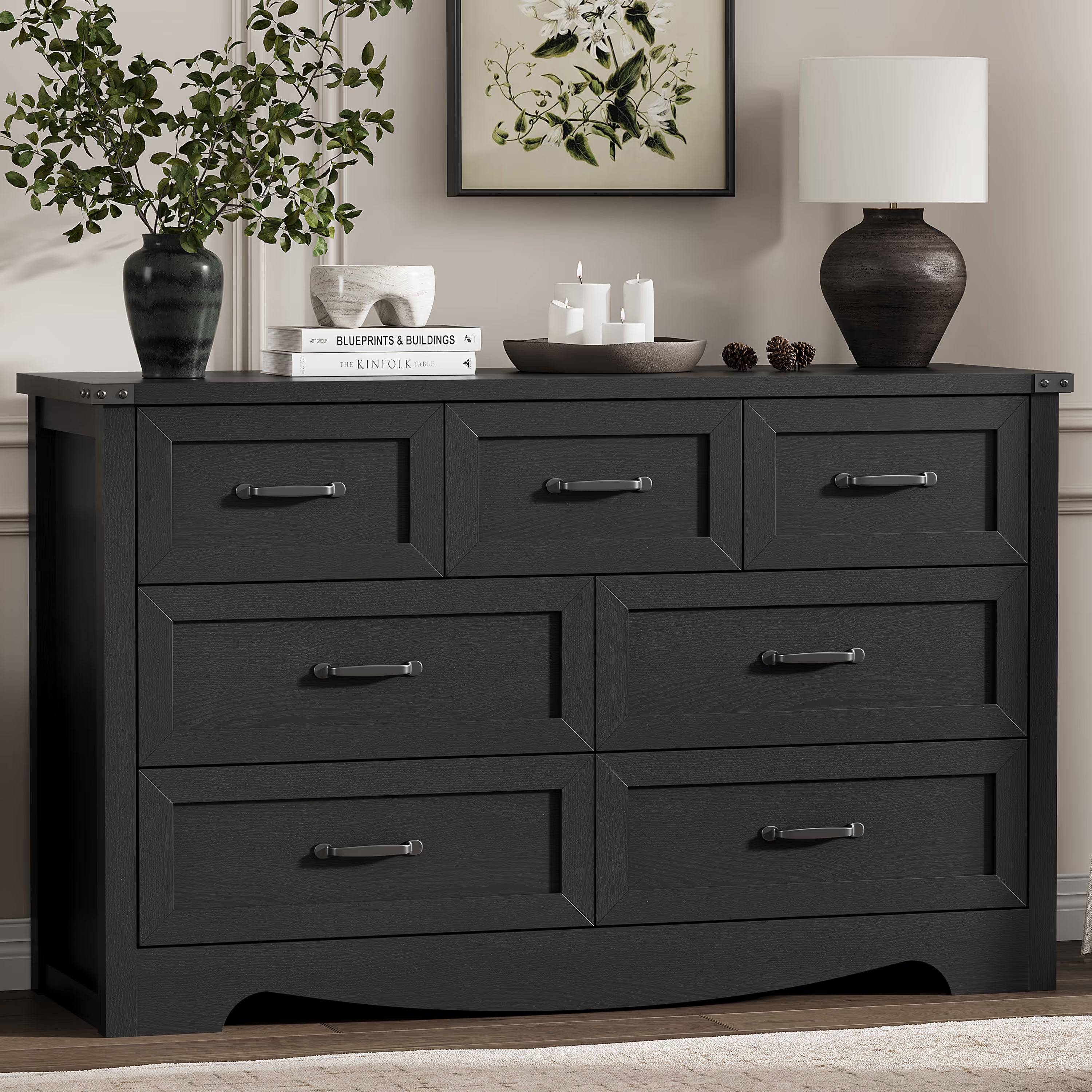 Anymaple Marlow Collection Black 7-drawer wide dresser with deep storage drawers and black metal handles, front storage view