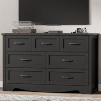 Anymaple Marlow Collection Black 7-drawer wide dresser with deep storage drawers and black metal handles, TV stand room view