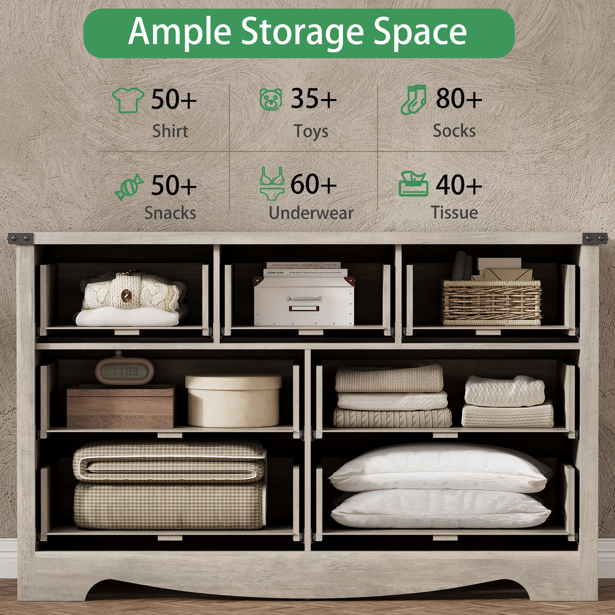 Anymaple Marlow Collection Gray Oak 7-drawer wide dresser with deep storage drawers and black metal handles, ample storage space