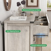 Anymaple Marlow Collection Gray Oak 7-drawer wide dresser with deep storage drawers and black metal handles, anti-tipping and easy-clean detail