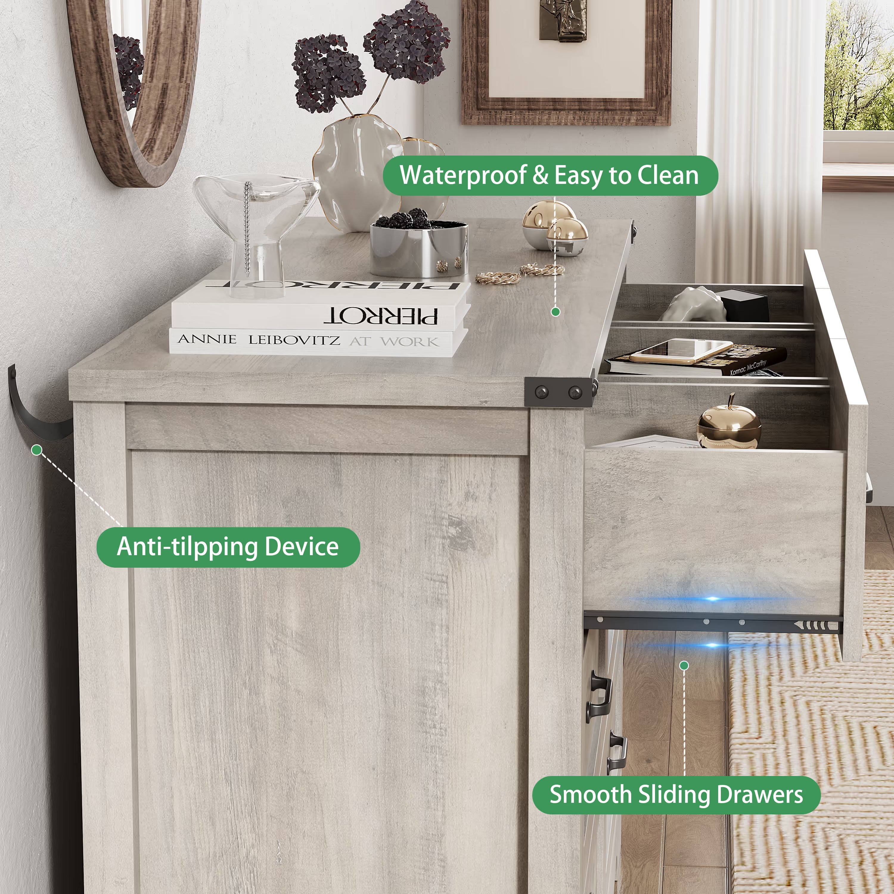 Anymaple Marlow Collection Gray Oak 7-drawer wide dresser with deep storage drawers and black metal handles, anti-tipping and easy-clean detail