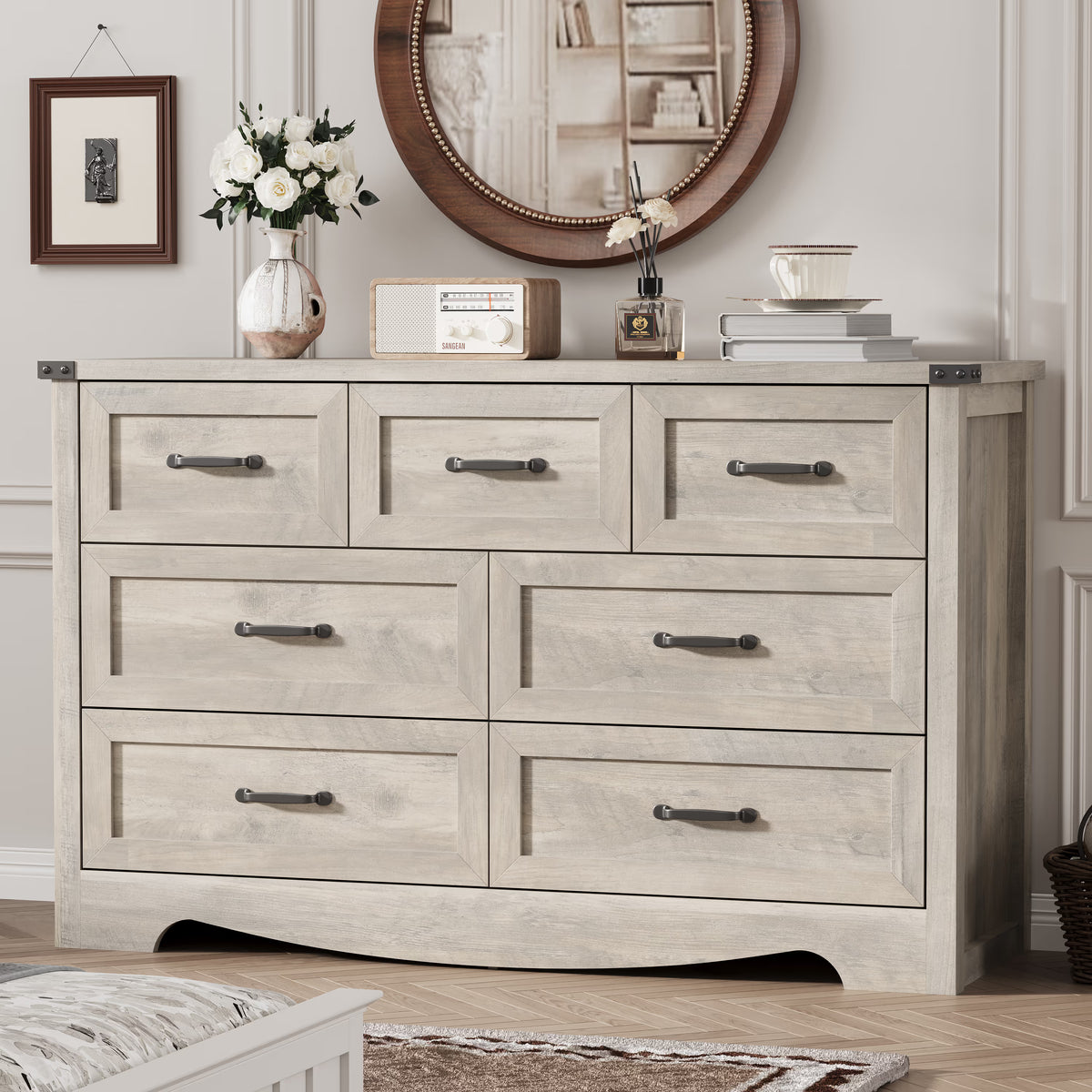 Anymaple Marlow Collection Gray Oak 7-drawer wide dresser with deep storage drawers and black metal handles, bedroom main view