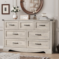 Anymaple Marlow Collection Gray Oak 7-drawer wide dresser with deep storage drawers and black metal handles, bedroom main view