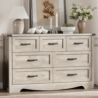 Anymaple Marlow Collection Gray Oak 7-drawer wide dresser with deep storage drawers and black metal handles, front storage view