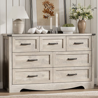 Anymaple Marlow Collection Gray Oak 7-drawer wide dresser with deep storage drawers and black metal handles, front storage view