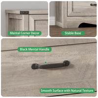 Anymaple Marlow Collection Gray Oak 7-drawer wide dresser with deep storage drawers and black metal handles, metal handle and drawer detail