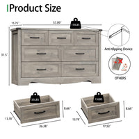 Anymaple Marlow Collection Gray Oak 7-drawer wide dresser product size dimensions, 57"W x 16"D x 32"H bedroom chest of drawers
