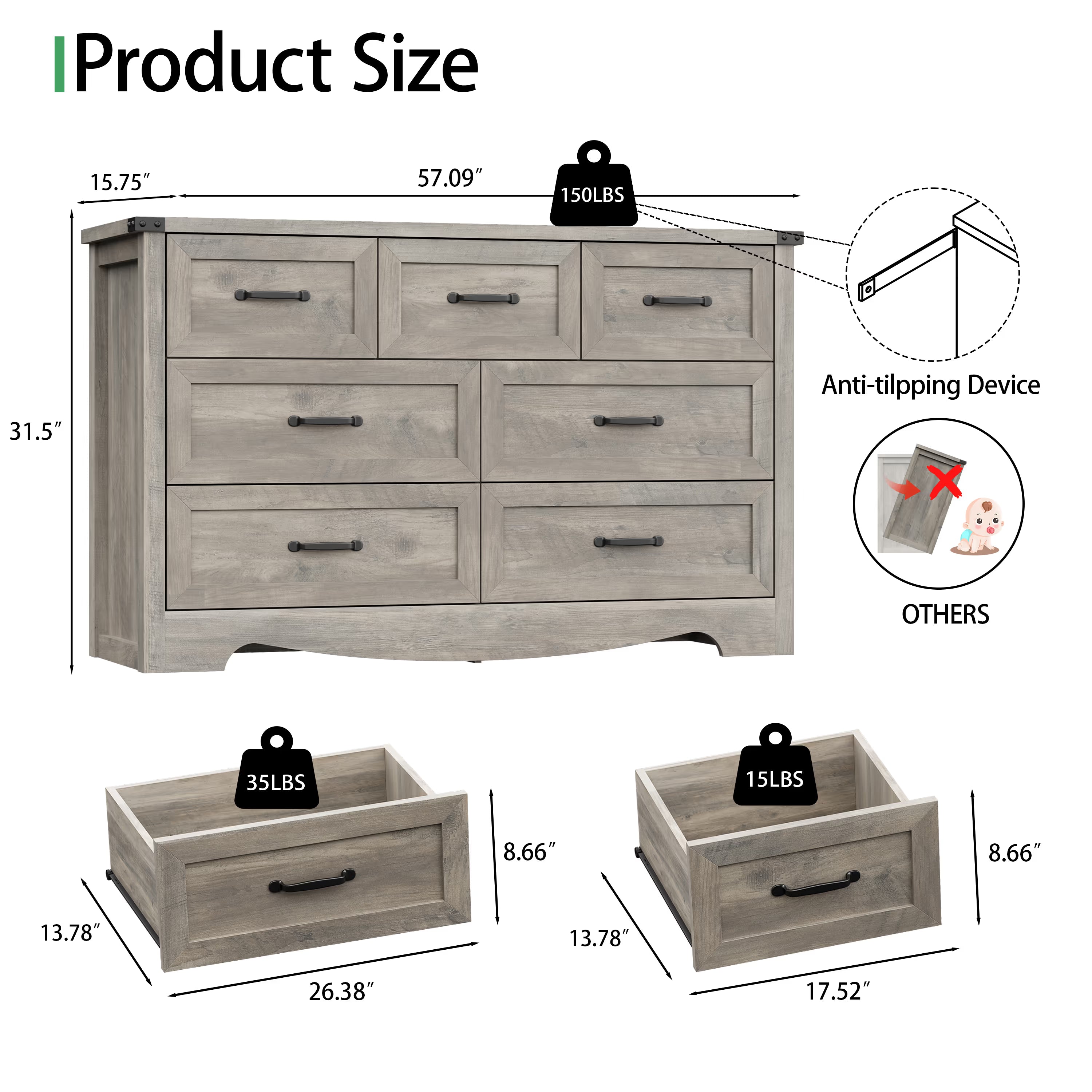 Anymaple Marlow Collection Gray Oak 7-drawer wide dresser product size dimensions, 57"W x 16"D x 32"H bedroom chest of drawers