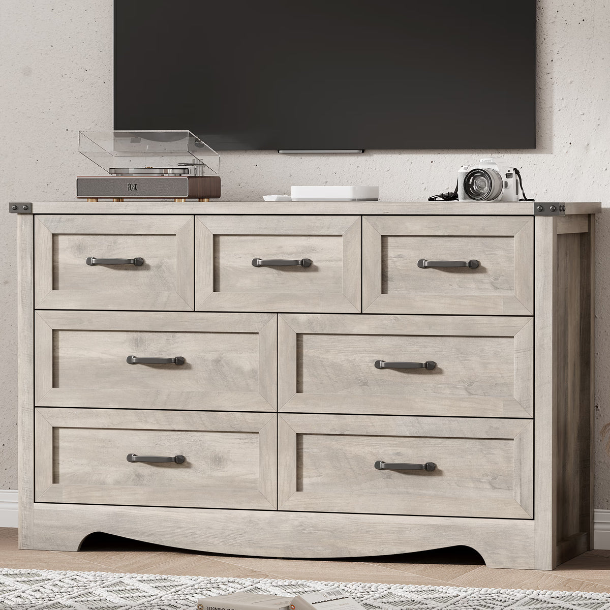 Anymaple Marlow Collection Gray Oak 7-drawer wide dresser with deep storage drawers and black metal handles, TV stand room view