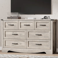 Anymaple Marlow Collection Gray Oak 7-drawer wide dresser with deep storage drawers and black metal handles, TV stand room view