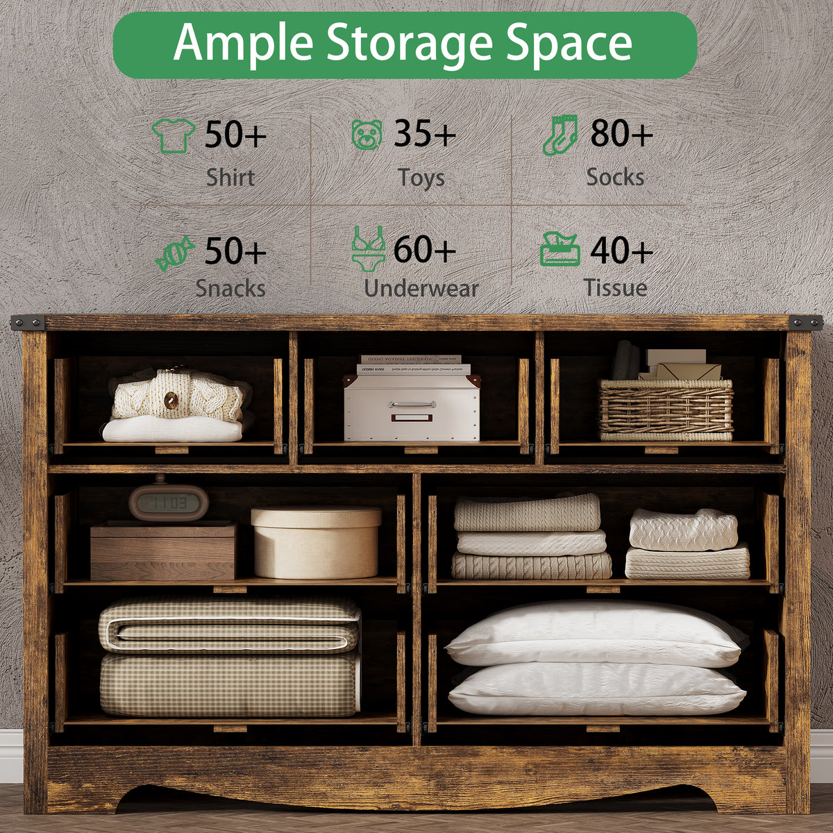 Anymaple Marlow Collection Rustic Brown 7-drawer wide dresser with deep storage drawers and black metal handles, ample storage space