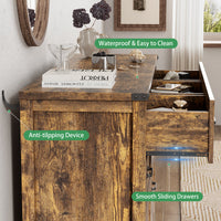 Anymaple Marlow Collection Rustic Brown 7-drawer wide dresser with deep storage drawers and black metal handles, anti-tipping and easy-clean detail