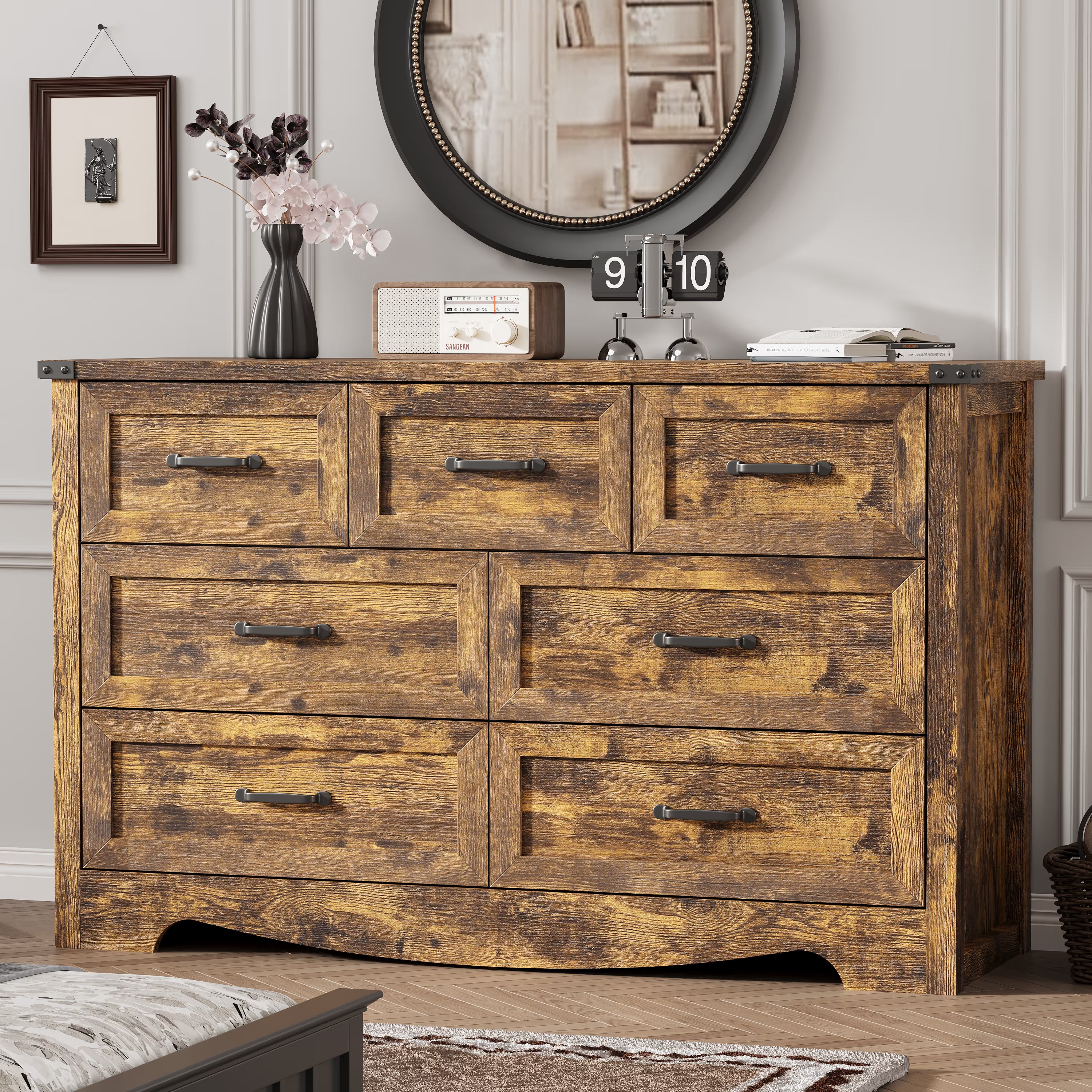 Anymaple Marlow Collection Rustic Brown 7-drawer wide dresser with deep storage drawers and black metal handles, bedroom main view