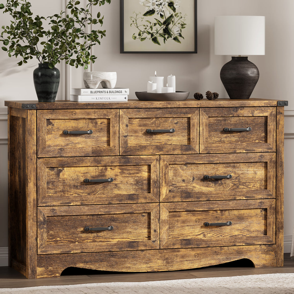Anymaple Marlow Collection Rustic Brown 7-drawer wide dresser with deep storage drawers and black metal handles, front storage view