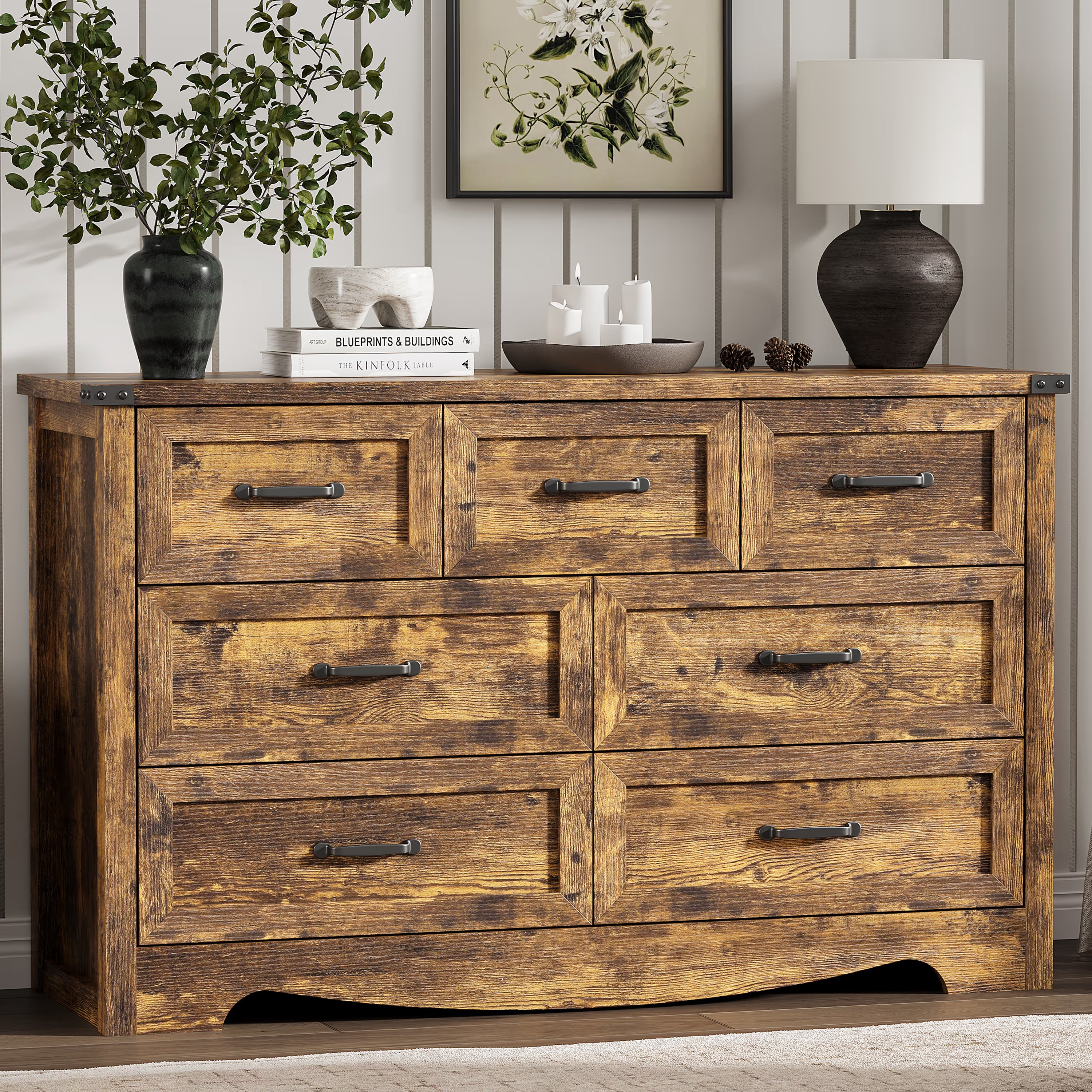 Anymaple Marlow Collection Rustic Brown 7-drawer wide dresser with deep storage drawers and black metal handles, front storage view