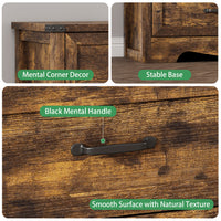 Anymaple Marlow Collection Rustic Brown 7-drawer wide dresser with deep storage drawers and black metal handles, metal handle and drawer detail
