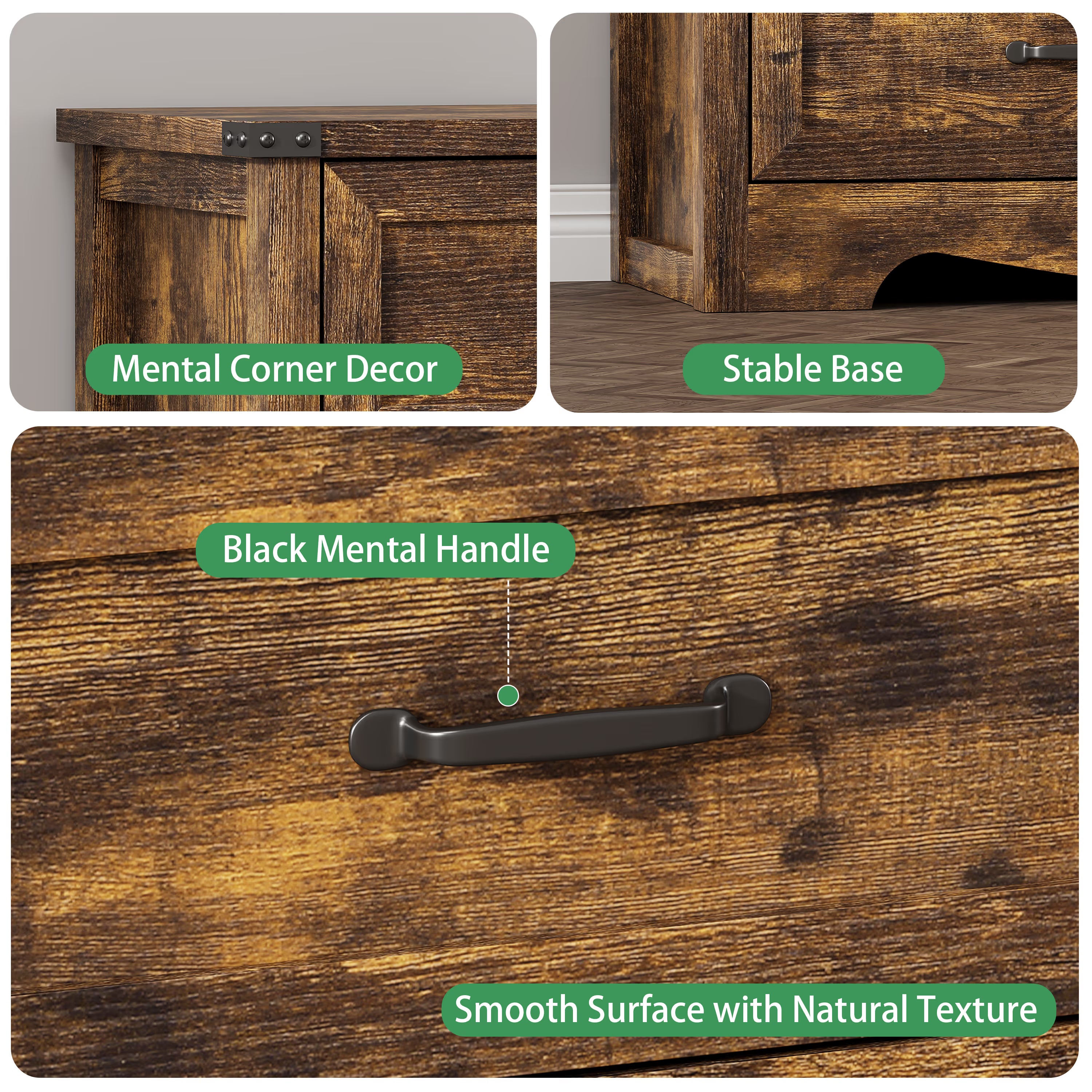 Anymaple Marlow Collection Rustic Brown 7-drawer wide dresser with deep storage drawers and black metal handles, metal handle and drawer detail