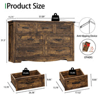 Anymaple Marlow Collection Rustic Brown 7-drawer wide dresser product size dimensions, 57"W x 16"D x 32"H bedroom chest of drawers