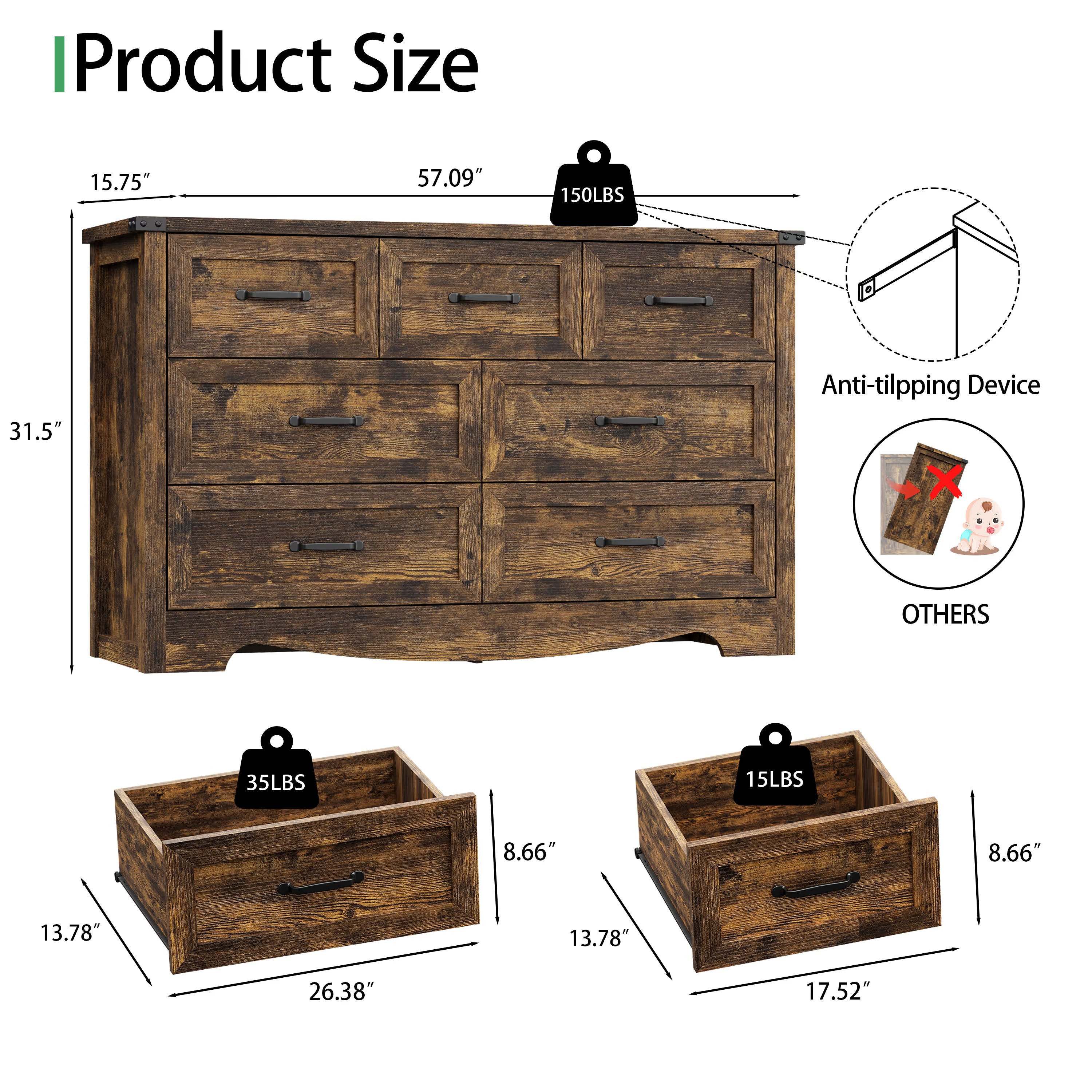 Anymaple Marlow Collection Rustic Brown 7-drawer wide dresser product size dimensions, 57"W x 16"D x 32"H bedroom chest of drawers