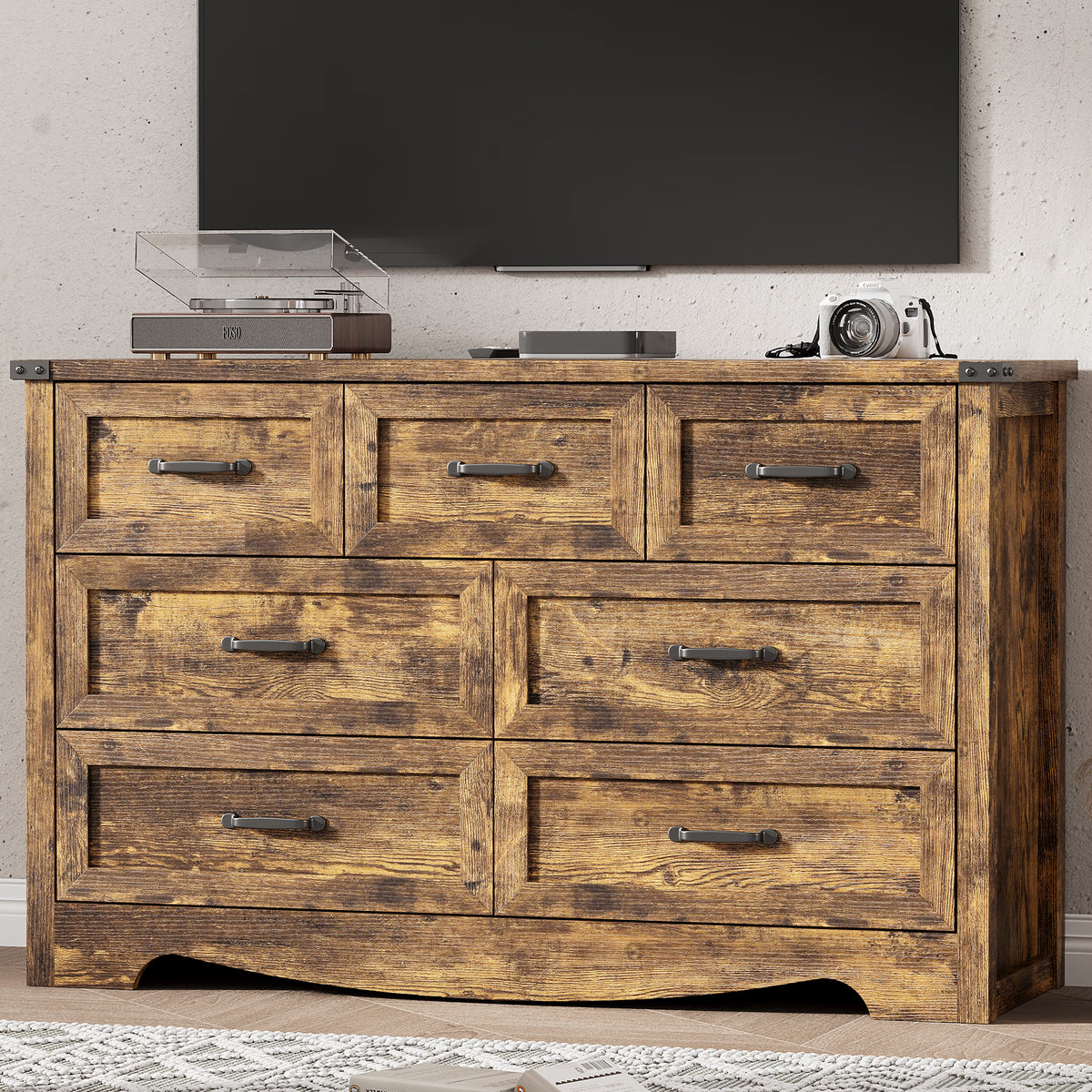 Anymaple Marlow Collection Rustic Brown 7-drawer wide dresser with deep storage drawers and black metal handles, TV stand room view