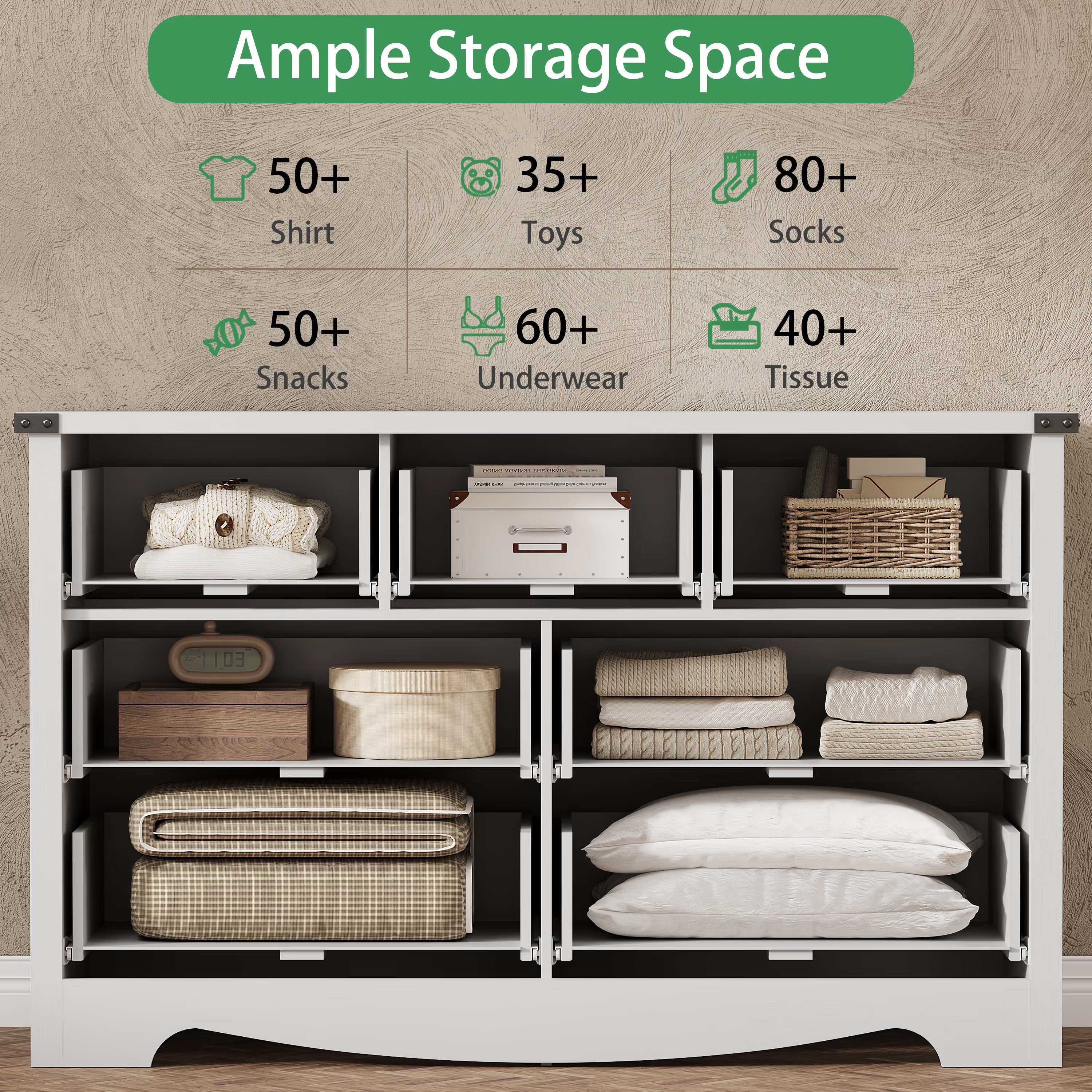 Anymaple Marlow Collection White 7-drawer wide dresser with deep storage drawers and black metal handles, ample storage space