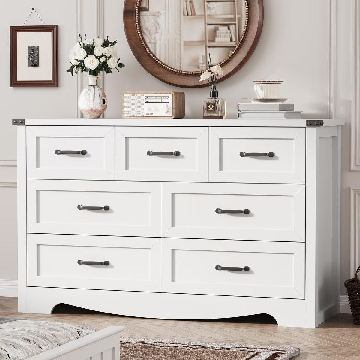 Anymaple Marlow Collection White 7-drawer wide dresser with deep storage drawers and black metal handles, bedroom main view