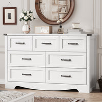 Anymaple Marlow Collection White 7-drawer wide dresser with deep storage drawers and black metal handles, bedroom main view