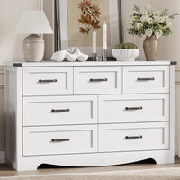 Anymaple Marlow Collection White 7-drawer wide dresser with deep storage drawers and black metal handles, front storage view