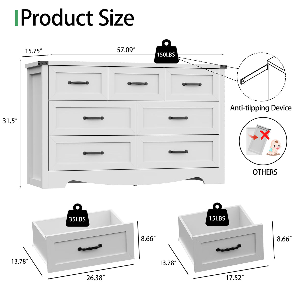 Anymaple Marlow Collection White 7-drawer wide dresser product size dimensions, 57"W x 16"D x 32"H bedroom chest of drawers